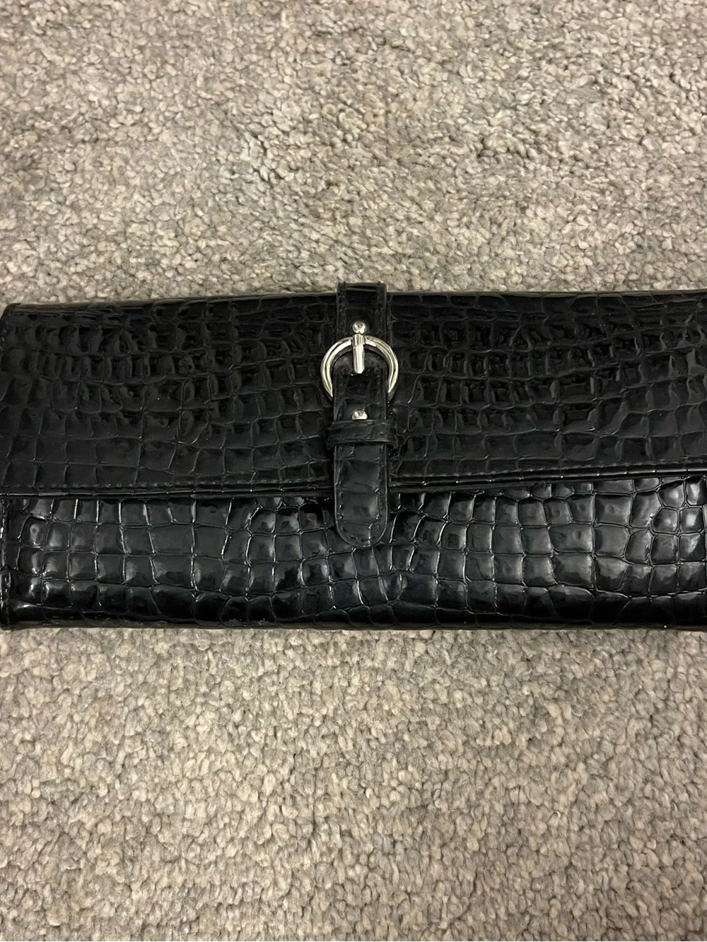 Black Croc-Embossed Leather Clutch with Silver Buckle